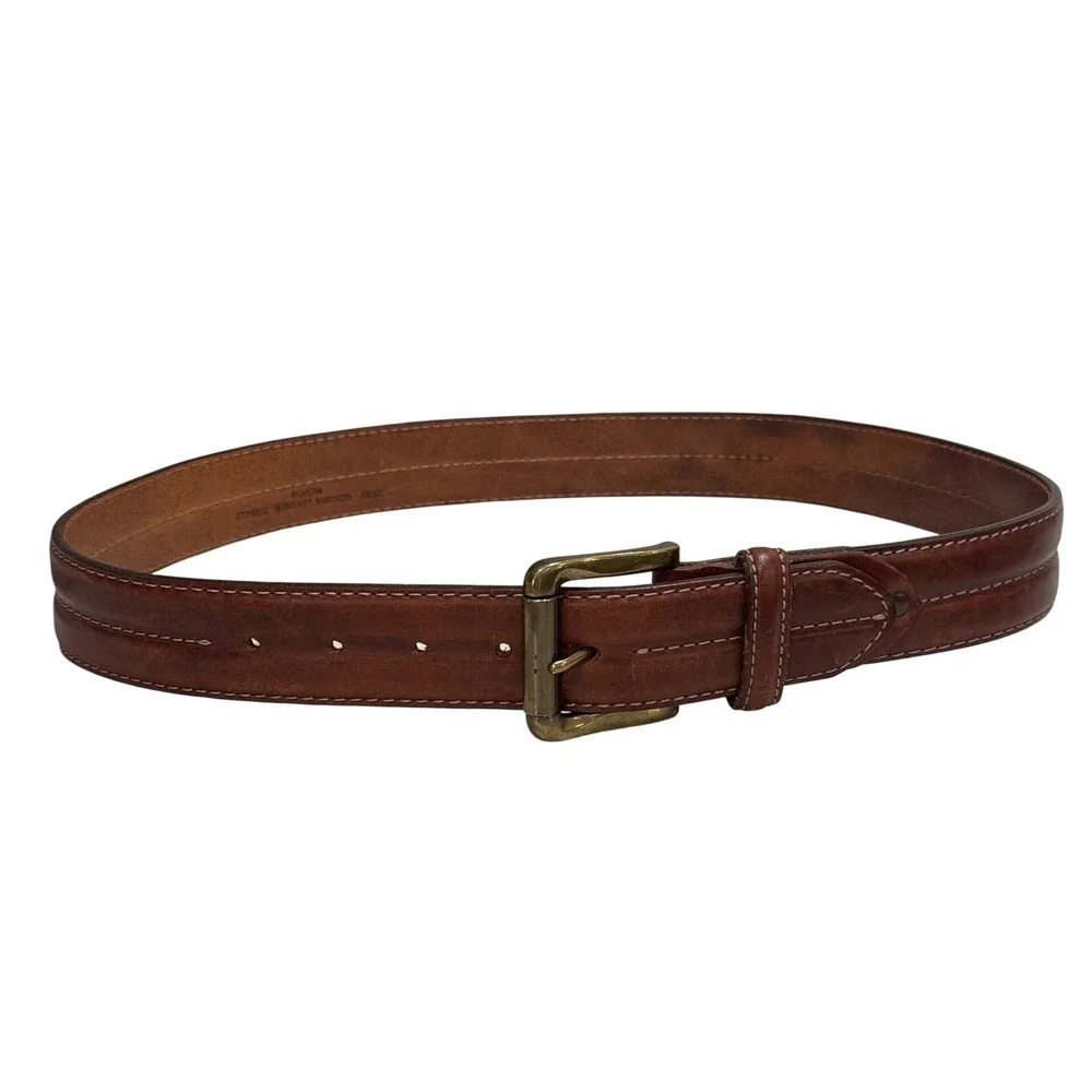 Genuine Leather Belt Mens 34 Brown Double Stitched Brass Buckle Rugged Western
